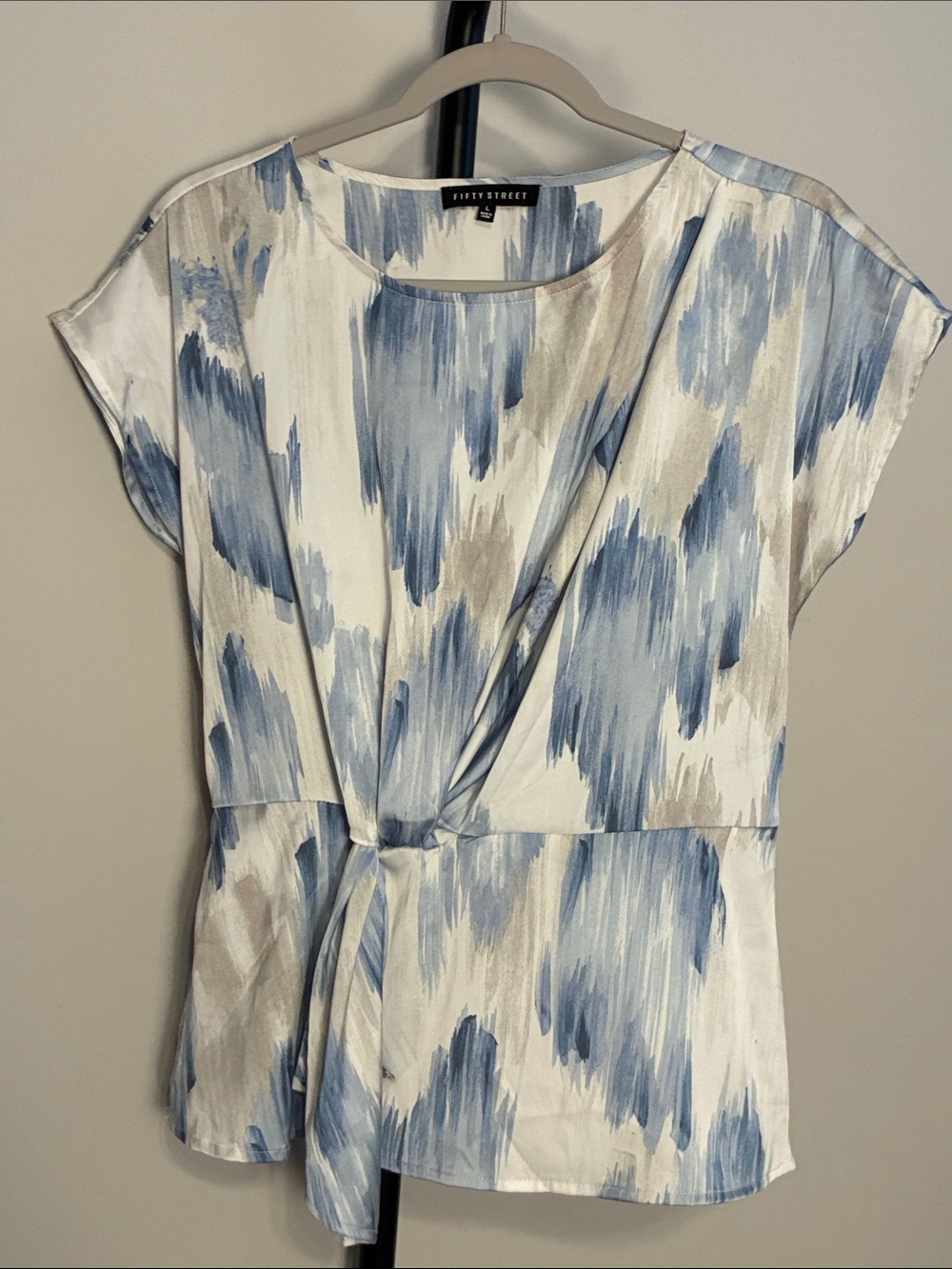 Fifty Street Blue Brushstroke Asymmetrical Peplum Satin Top Large